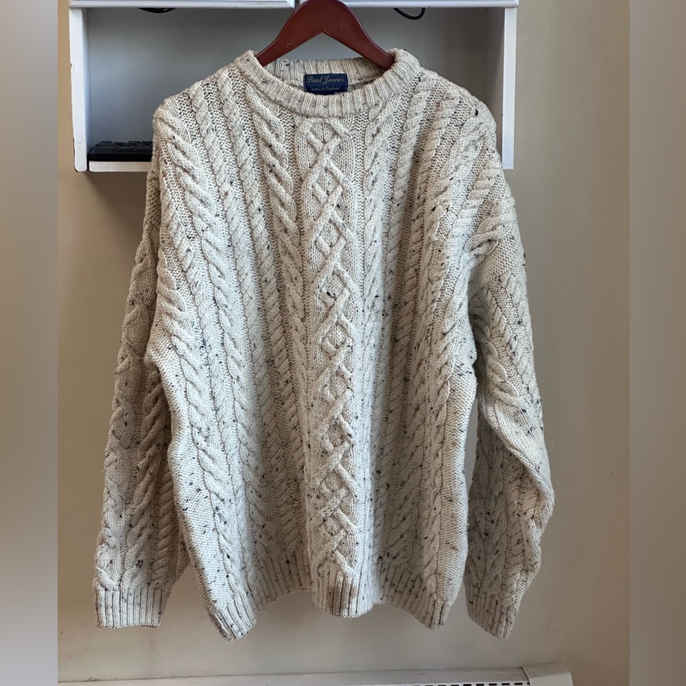 Paul James Crewneck Beige Chunky Cable Knit 100% Pure Wool Men’s Sweater Size XL